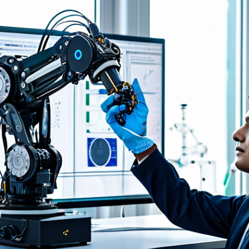 Home 17 **
A professional mechanical engineer, fully clothed in appropriate attire, working on a complex robotic arm in a brightly lit, high-tech laboratory. The robot arm is intricate with visible gears, wires, and sensors. The background includes computer screens displaying schematics and data. Perfect anatomy, correct proportions, natural pose, well-formed hands, proper finger count, natural body proportions. Safe for work, appropriate content, modest, family-friendly, professional.
**