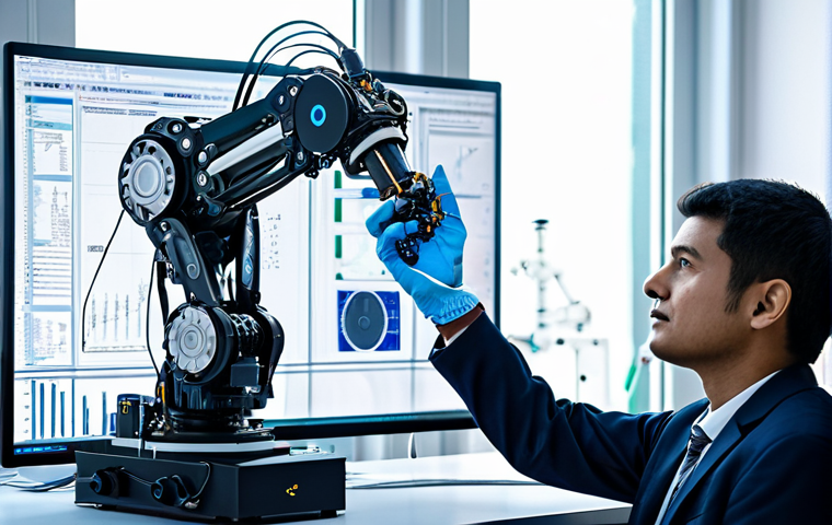 **

A professional mechanical engineer, fully clothed in appropriate attire, working on a complex robotic arm in a brightly lit, high-tech laboratory. The robot arm is intricate with visible gears, wires, and sensors. The background includes computer screens displaying schematics and data. Perfect anatomy, correct proportions, natural pose, well-formed hands, proper finger count, natural body proportions. Safe for work, appropriate content, modest, family-friendly, professional.

**