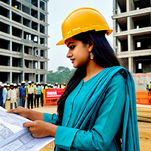 Home 8 ** A professional female engineer, fully clothed in a modest, knee-length salwar kameez with a dupatta, is reviewing blueprints at a construction site in Dhaka. The background shows a modern building under construction, with construction workers wearing safety helmets. Safe for work, appropriate content, perfect anatomy, natural pose, professional, high quality.
**