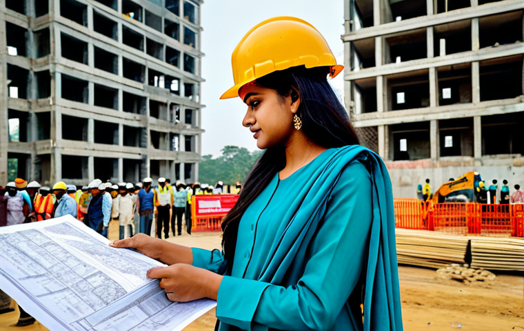 ** A professional female engineer, fully clothed in a modest, knee-length salwar kameez with a dupatta, is reviewing blueprints at a construction site in Dhaka. The background shows a modern building under construction, with construction workers wearing safety helmets. Safe for work, appropriate content, perfect anatomy, natural pose, professional, high quality.

**