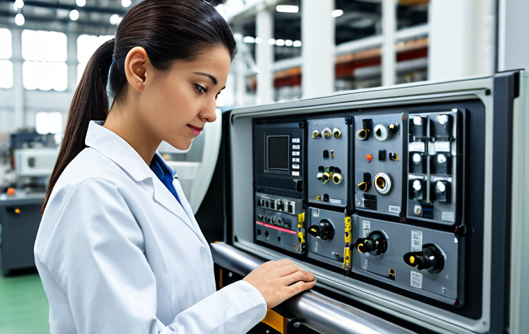 기계공학 기계가공기술표준 - **
"A professional female engineer in a clean, modern factory, inspecting a complex machine part, f...