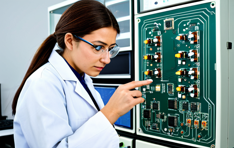 기계공학 정밀기계가공 - **
A professional female engineer, fully clothed in a modest lab coat and safety glasses, inspectin...