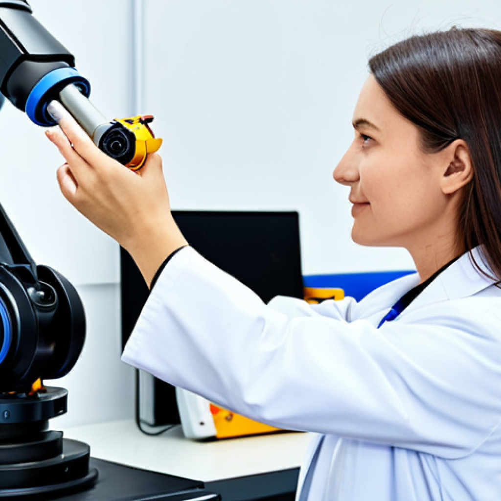 기계공학 기계공정설계 - **

A professional female engineer in a fully clothed, modest lab coat, inspecting a robotic arm in ...