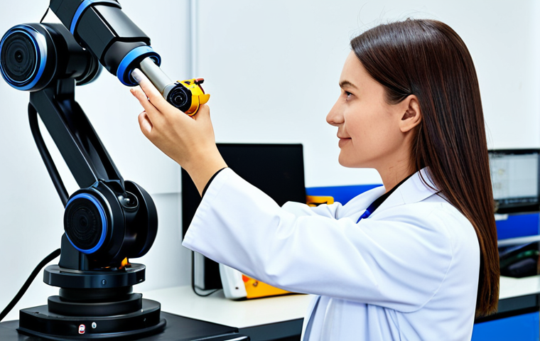기계공학 기계공정설계 - **

A professional female engineer in a fully clothed, modest lab coat, inspecting a robotic arm in ...