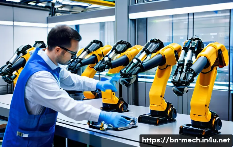 기계공학 로봇시스템설계 - **Prompt 1: Human-Cobot Collaboration in a Modern Assembly Line**
    "A brightly lit, clean, and fu...