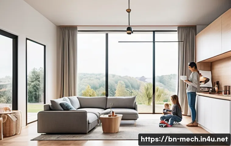기계공학 자동화시스템설계 - **A day in an automated smart home:** A bright, modern living space filled with soft, natural light....