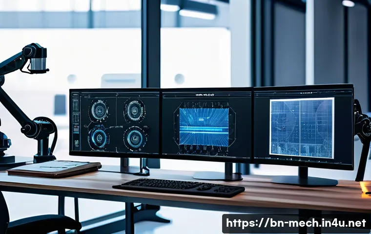 기계공학 기계공학연구 - A highly detailed industrial engineering workspace showcasing a modern CAD software interface on mul...