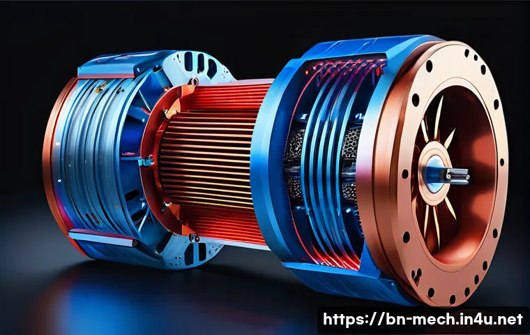기계공학 모터설계 - A highly detailed cross-sectional illustration of an advanced AC motor featuring laminated steel sta...