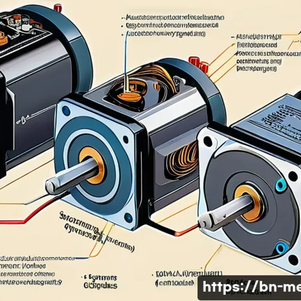 기계공학 로봇모터 - A detailed close-up illustration of various types of electric motors used in robotics, including DC ...