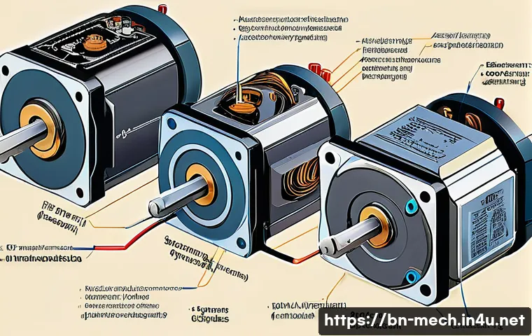 기계공학 로봇모터 - A detailed close-up illustration of various types of electric motors used in robotics, including DC ...
