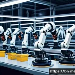 기계공학 자동화장비개발 - A highly detailed industrial factory scene featuring advanced robotic arms assembling electronic dev...
