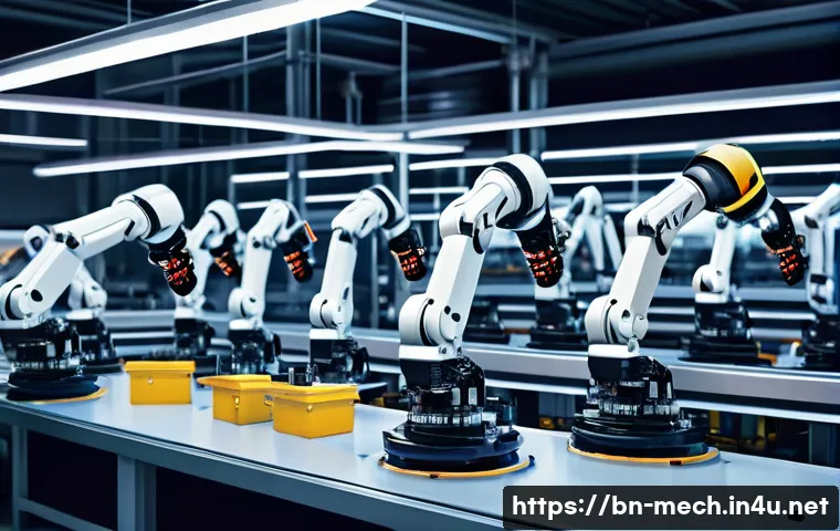 기계공학 자동화장비개발 - A highly detailed industrial factory scene featuring advanced robotic arms assembling electronic dev...
