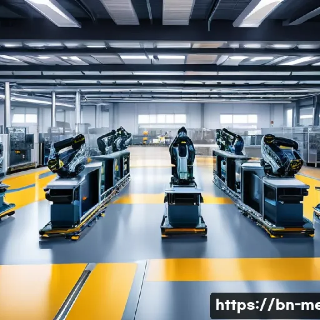 기계공학 기계소프트웨어 - A high-tech industrial factory interior showcasing advanced automation: robotic arms assembling auto...