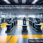 기계공학 기계소프트웨어 - A high-tech industrial factory interior showcasing advanced automation: robotic arms assembling auto...