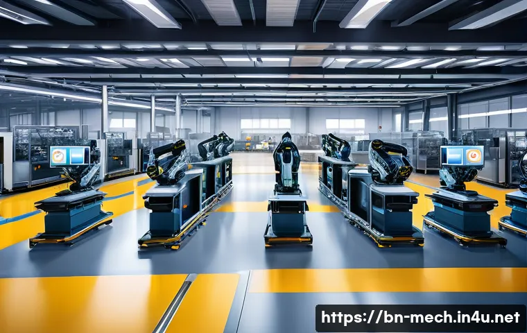 기계공학 기계소프트웨어 - A high-tech industrial factory interior showcasing advanced automation: robotic arms assembling auto...