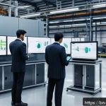 기계공학 기계시스템설계 - A high-tech industrial automation scene featuring advanced smart sensors attached to sleek machinery...