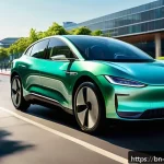 기계공학 차량공학 - A sleek modern electric car charging at a futuristic urban station, highlighting advanced lithium-io...