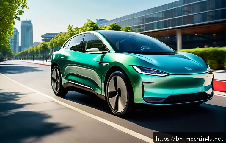 기계공학 차량공학 - A sleek modern electric car charging at a futuristic urban station, highlighting advanced lithium-io...