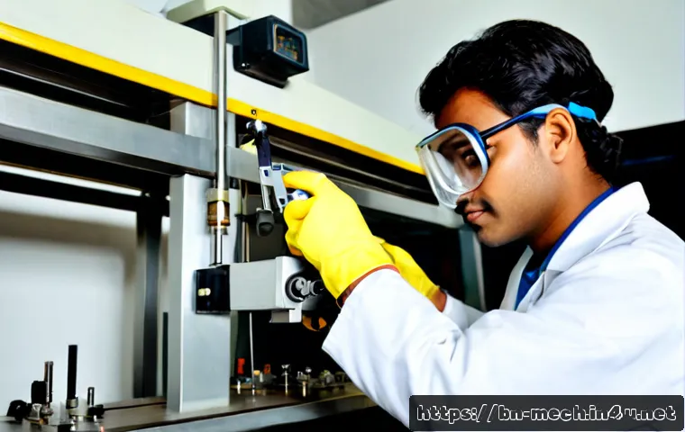 기계공학 기계공학실험 - Photorealistic mechanical engineering laboratory experiment, a university student in safety goggles ...